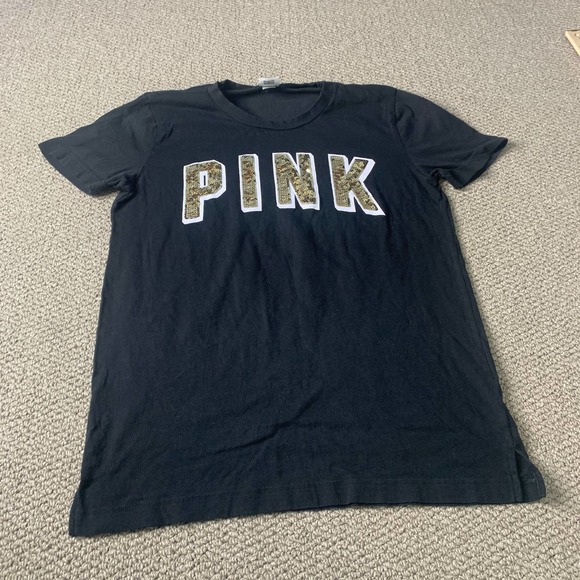 PINK Victoria's Secret Womens T Shirt Size XS Black/Gold Sequins Short Sleeves - Picture 1 of 10